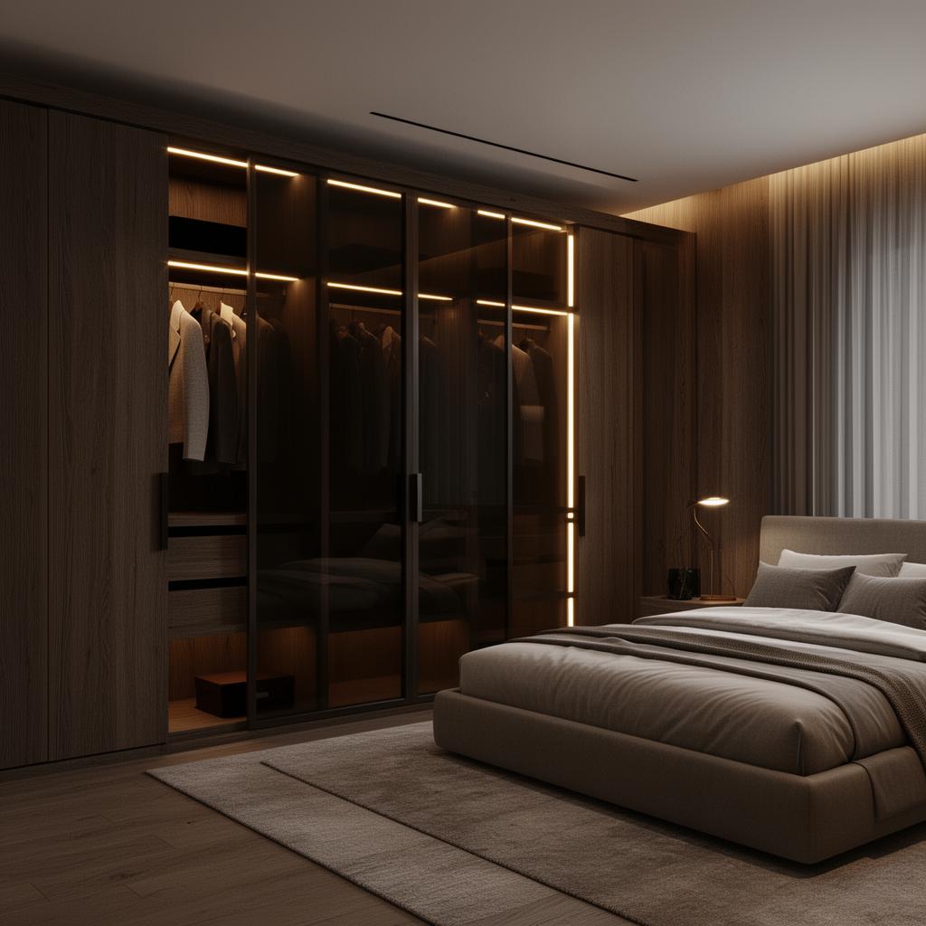 Suíte master com closet integrado em vidro fumê